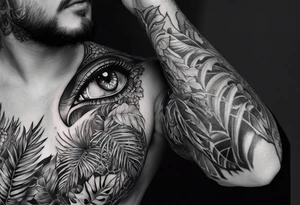 full arm sleeve tattoo with all-seeing eye and jungle plants tattoo idea