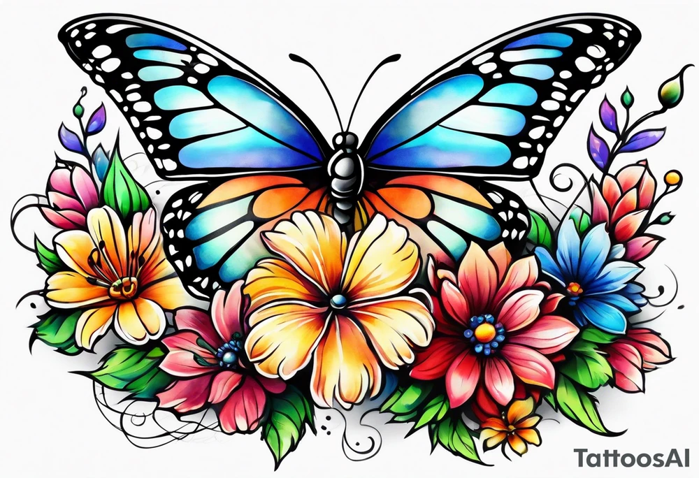 Colorful flowers and butterflies half arm sleeve tattoo idea