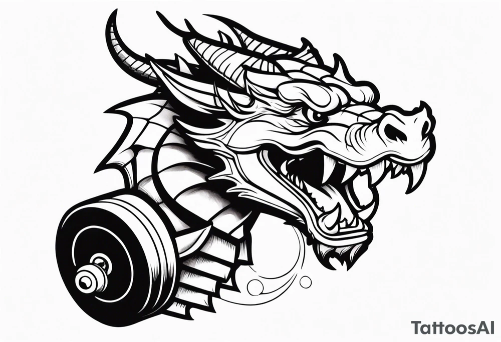 Dragon biting a dumbbell tattoo idea