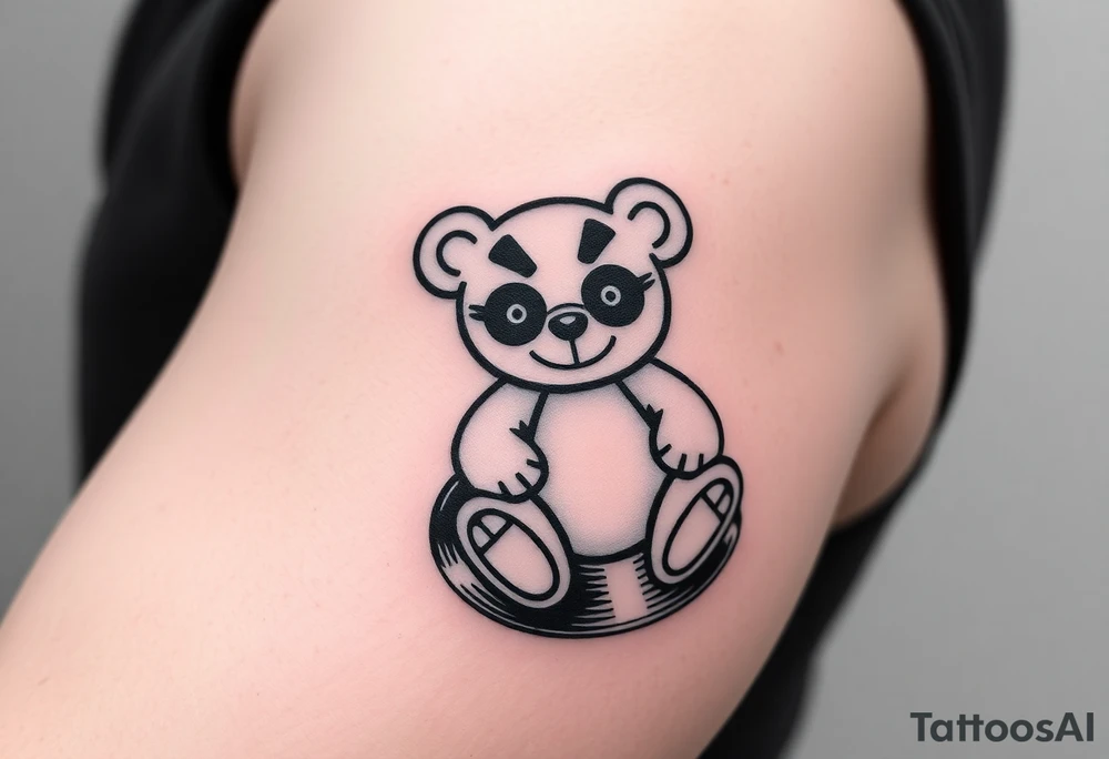 minimalist teddy bear with vinyl records as eyes smiling and sitting on a record tattoo idea