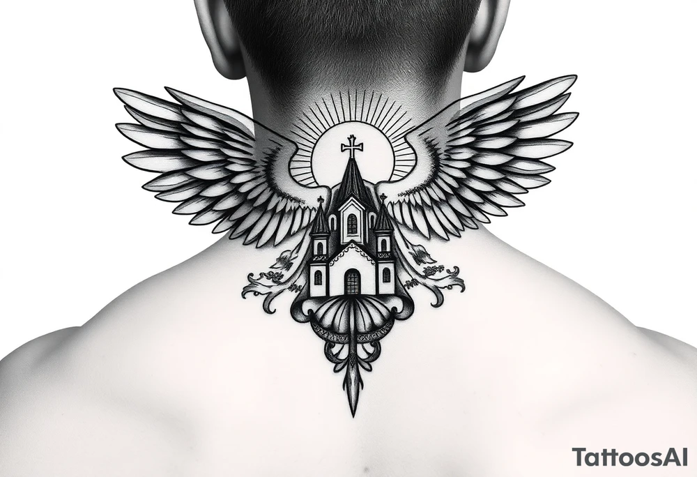 an actual russian coat of arms with the eagles wings spanning out on my back neck across my shoulders / traps with a orthodox christian church being visible in a mountainous sun beaming setting, with the russian orthodox cross spire of the orthodox church being visible on my neck with a sun beaming in the background that the cross sits inside tattoo idea
