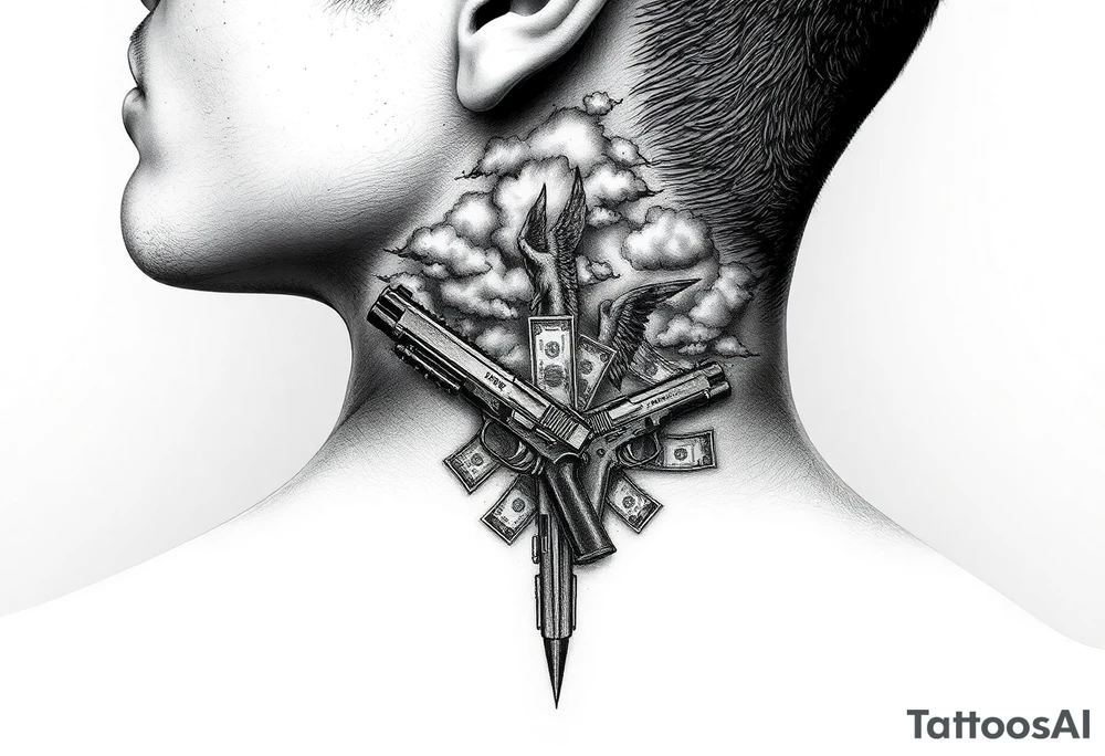 deepfull description of details with clouds,fire guns, money,angels tattoo idea