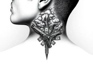 deepfull description of details with clouds,fire guns, money,angels tattoo idea