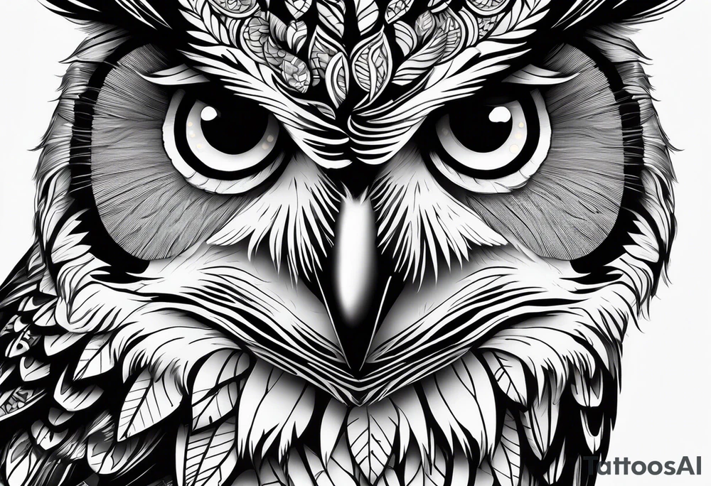 “A wise owl perched on a branch, with large, expressive eyes and intricate feather patterns, representing wisdom tattoo idea