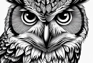 “A wise owl perched on a branch, with large, expressive eyes and intricate feather patterns, representing wisdom tattoo idea