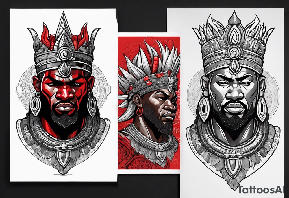 african god of war,  wearing a small silver crown and wearing a red necklace tattoo idea