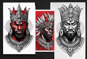 african god of war,  wearing a small silver crown and wearing a red necklace tattoo idea