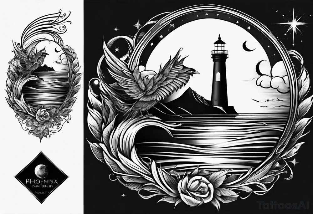 phoenix survolant un voilier. lune. phare marin tattoo idea