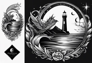 phoenix survolant un voilier. lune. phare marin tattoo idea