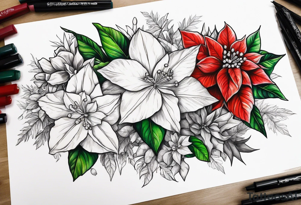 Narcissus, Poinsettia, Holly, floral bouquet tattoo idea