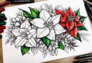 Narcissus, Poinsettia, Holly, floral bouquet tattoo idea