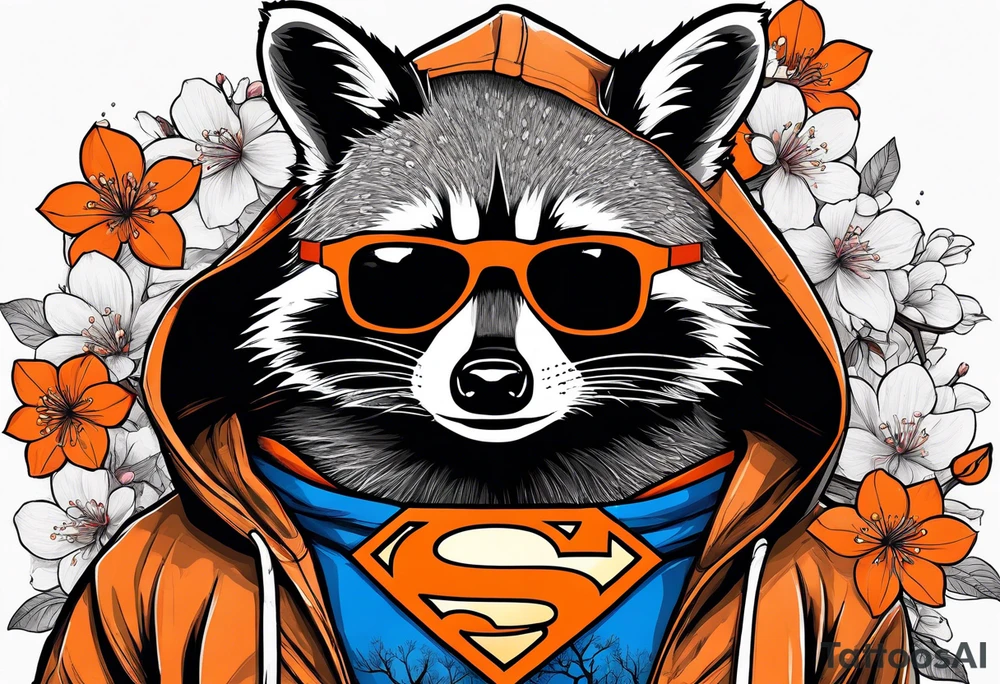 raccoon wearing a black and white Superman hoodie and orange Japanese cherry blossoms tattoo idea