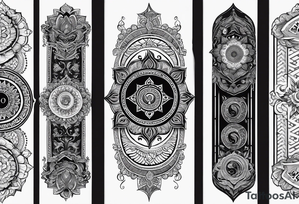 Forearm sleeve tattoo based around Sanskrit Om symbol tattoo idea