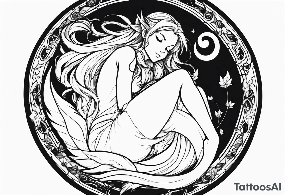 No color fairy with a tail inspired by the logo of the anime show called Fairy Tail in a fetal position leaning in and forward while sleeping tattoo idea
