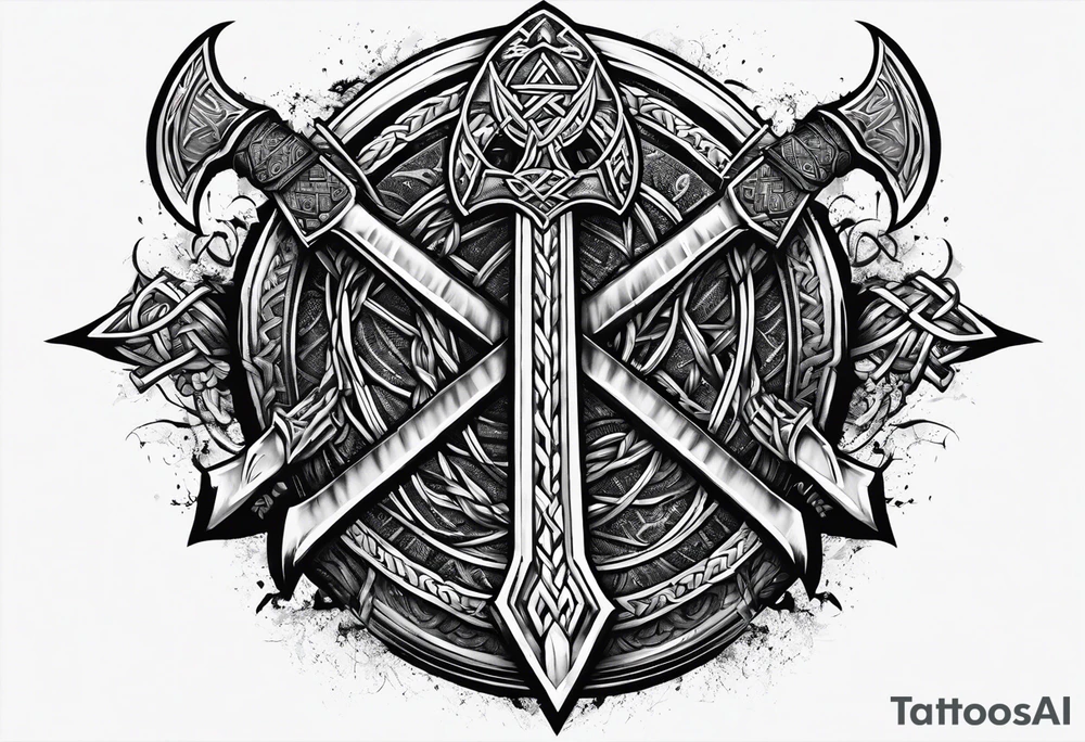 Valhalla sword shield  axe Valknut barbed wire chains tattoo idea