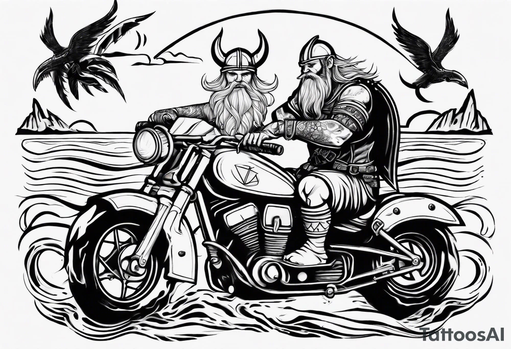 Viking riding a motorcycle along the beach tattoo idea