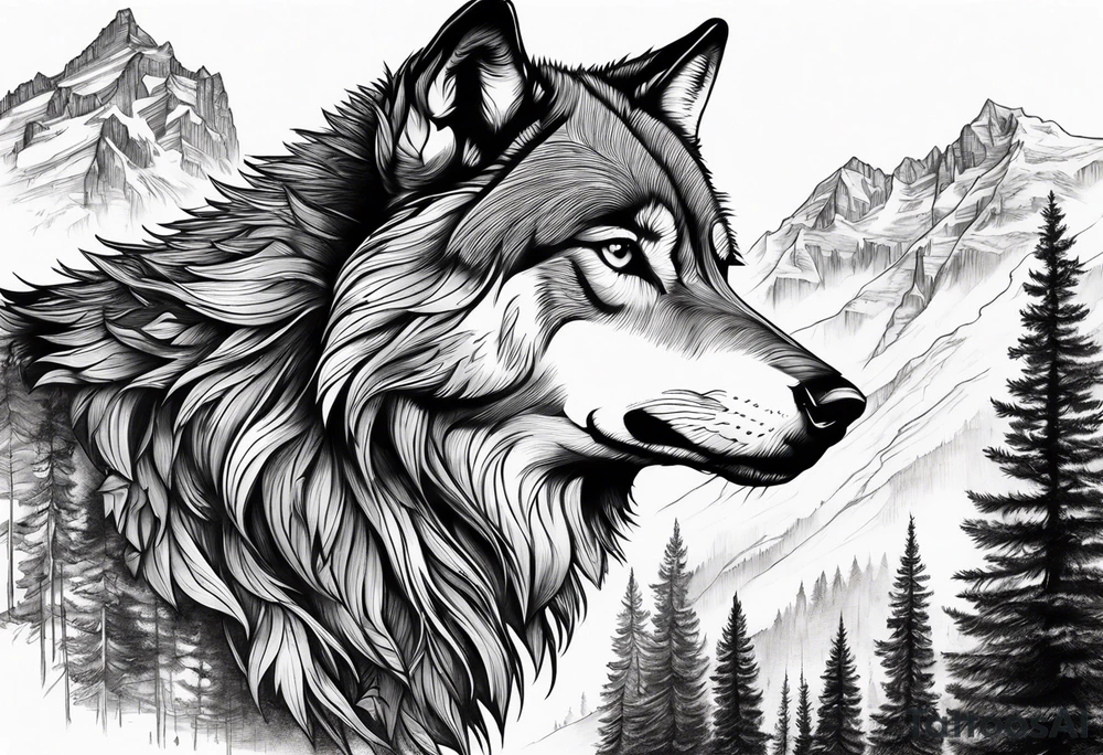 Mountains, wolf in it tattoo idea