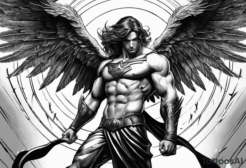 Angel in the pose of a superhero landing tattoo idea