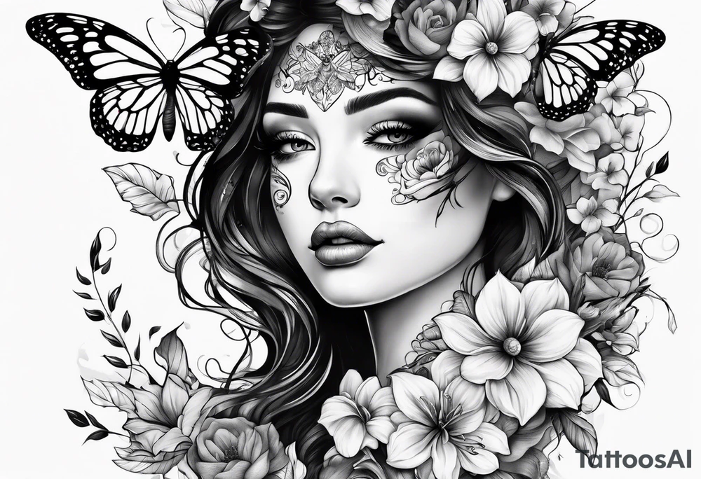 Half face with flowers and butterfly tattoo idea