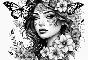 Half face with flowers and butterfly tattoo idea