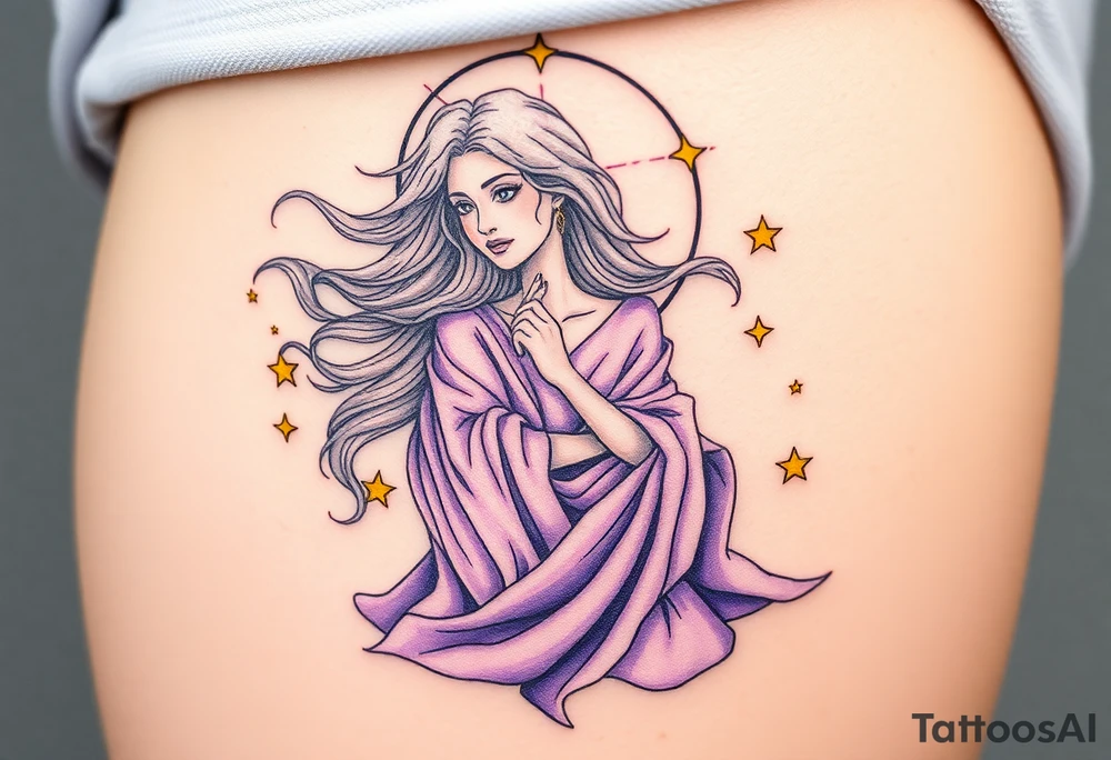 A celestial Virgo goddess with flowing silver hair, dressed in a flowing lavender robe, surrounded by golden stars and virgo sign tattoo idea