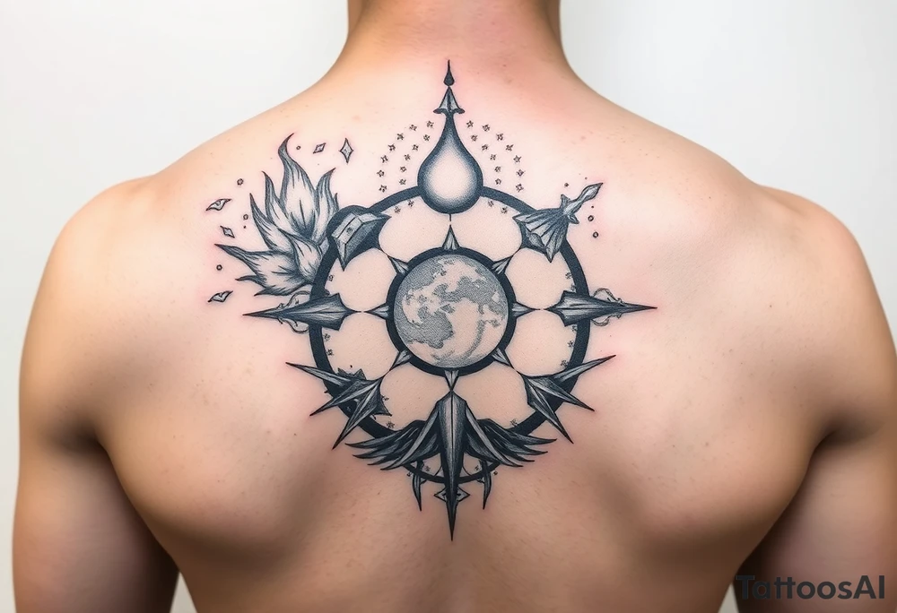 arm tattoo which is deep and meaninful very unique and psycheelic which is a combination of 5 elemets fire water air space and land tattoo idea