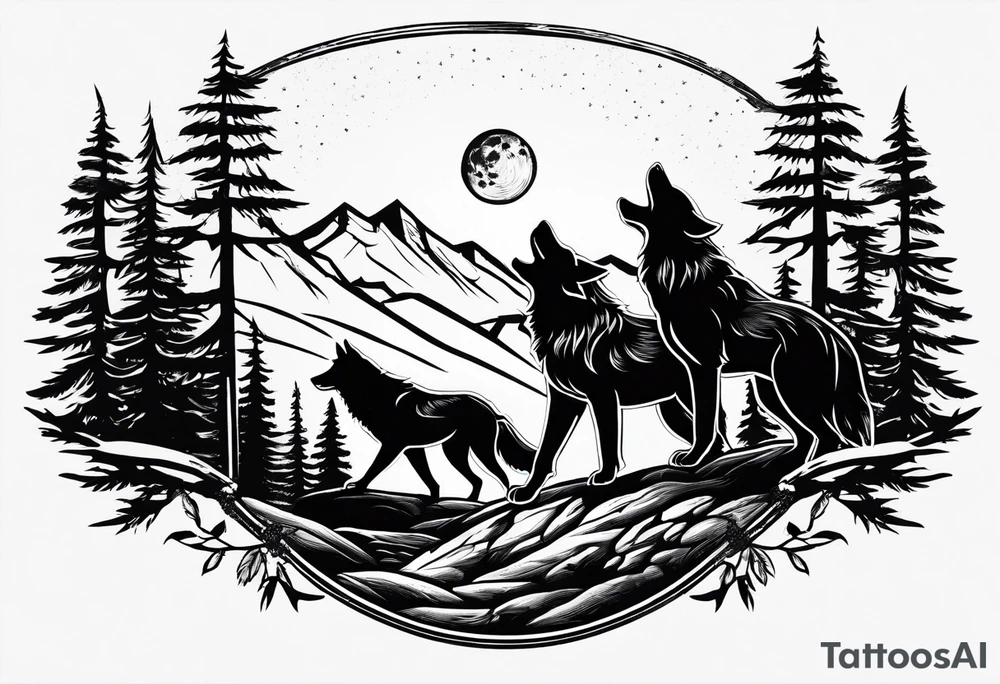 Mountain peaks
Two wolves
Moon
Dark woods
Trail tattoo idea