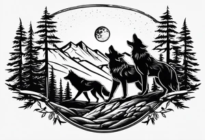 Mountain peaks
Two wolves
Moon
Dark woods
Trail tattoo idea