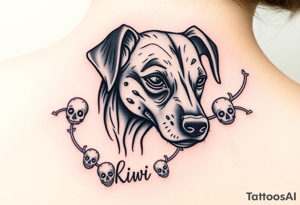 Half dead half alive zombie Brindle dog with the name kiwi . And some tiny skulls tattoo idea