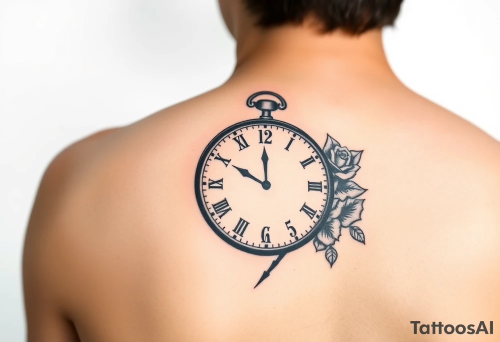 Clock showing 12:56 with rose stencil white background tattoo idea