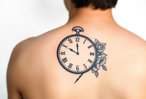 Clock showing 12:56 with rose stencil white background tattoo idea