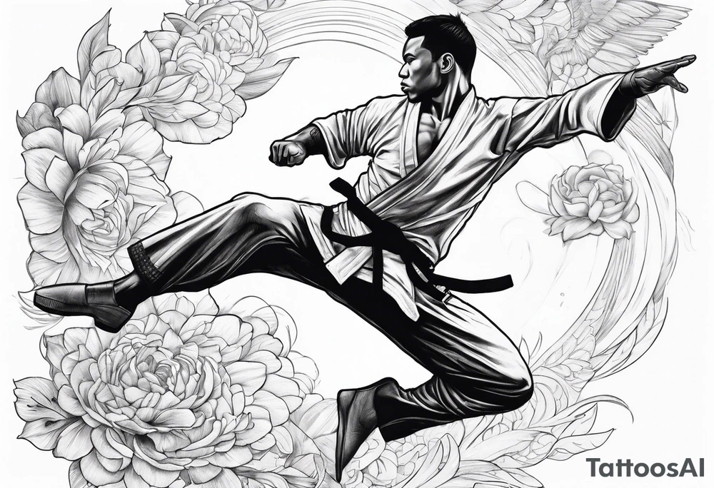 Martial artist doing a flying side kick tattoo idea