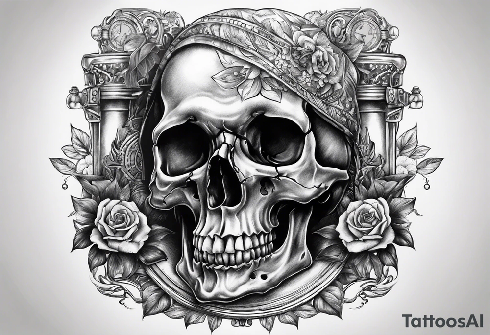 Skull with sitting on hour glass tattoo idea