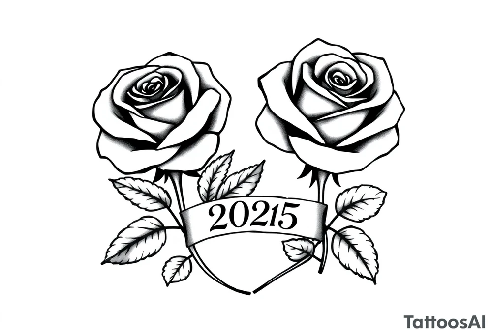 two beautiful large rose buds, one larger than the other, with many leaves next to the rose buds, with one sitting higher than the other. Include a banner connecting the two roses with the year "2025" on it.   Use dark outlines with little shading. The two stems should be short, not long, and connect and join into one stem, whimsically curved or twisted - not straight down. tattoo idea