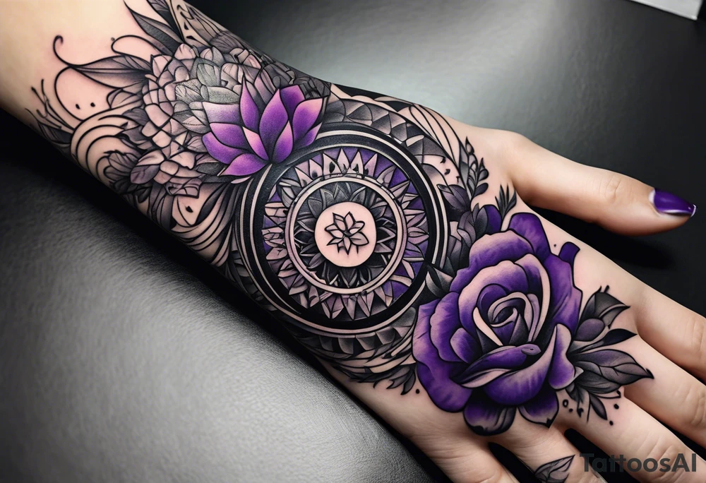lines around wrist, abstract, black and purple, covered from wrist to forearm, fully covered, no borders, blackwork, no people tattoo idea