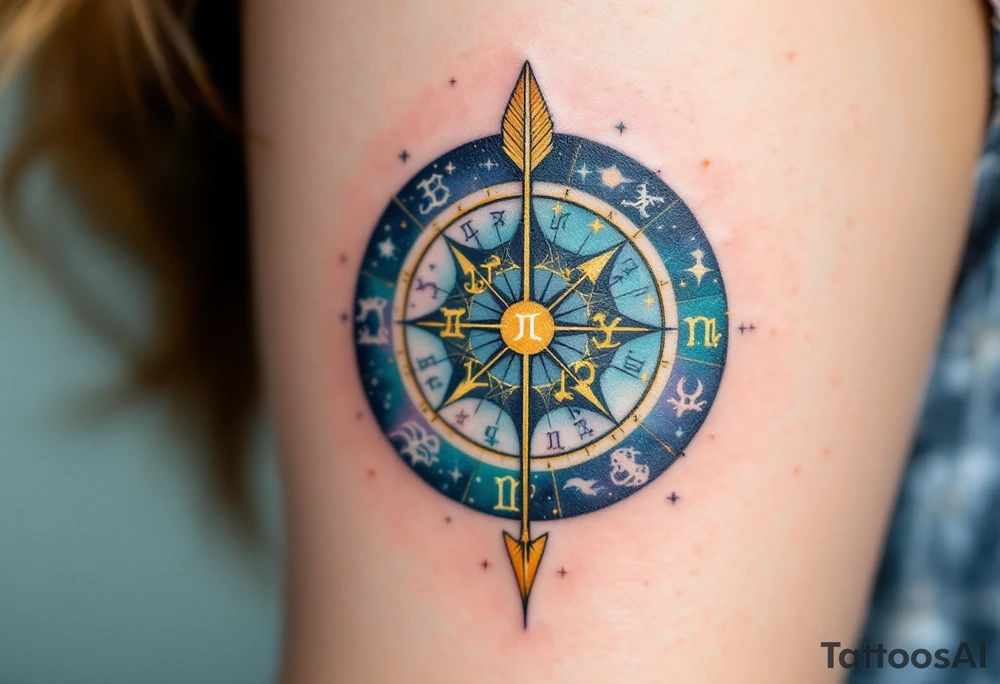 A Sagittarius arrow piercing through a detailed zodiac wheel. The wheel is adorned with all the zodiac signs, with the Sagittarius symbol shining brightly in the center in golden yellow. The background of the tattoo features soft teal and indigo to give it a cosmic, celestial feel. tattoo idea