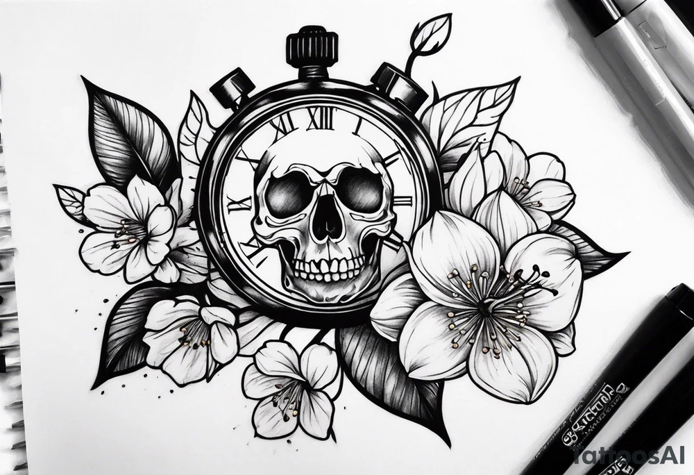 Stopwatch skull and cherry bloom tattoo idea