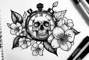Stopwatch skull and cherry bloom tattoo idea