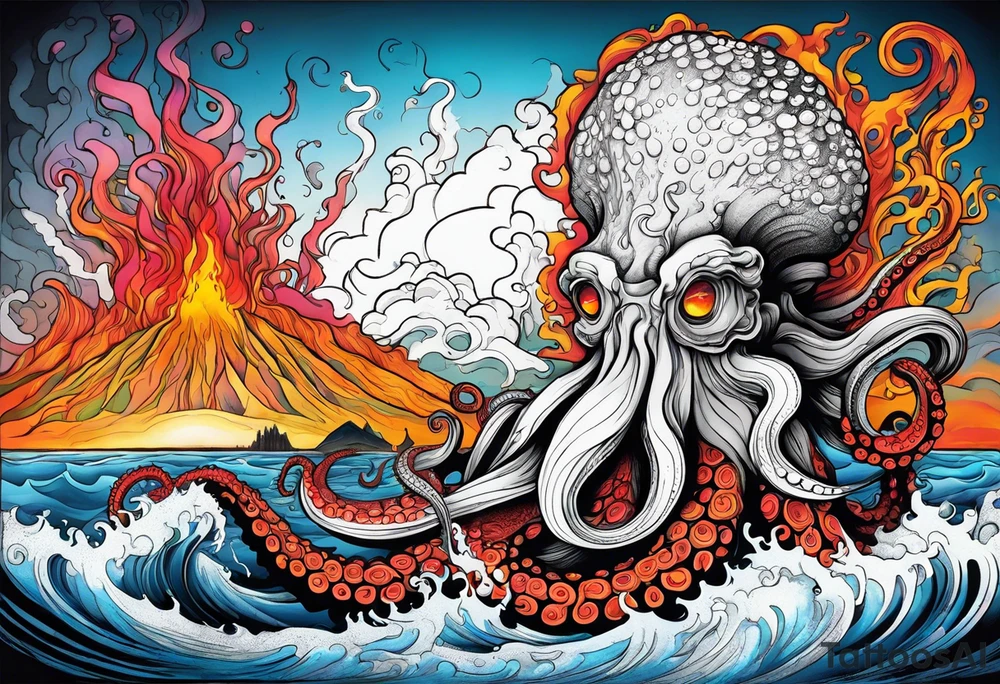 Octopus, volcano eruption, broken bridge tattoo idea