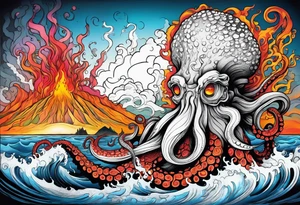 Octopus, volcano eruption, broken bridge tattoo idea