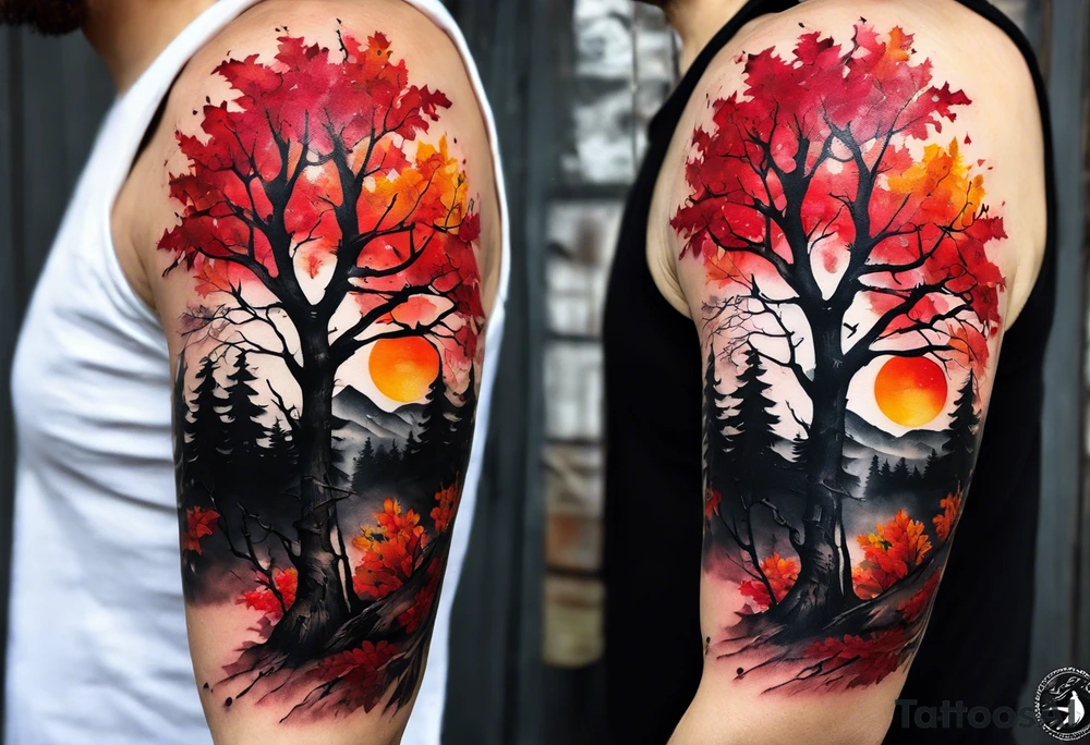 trash polka style. Arm tattoo. chest tattoo. Long tattoo. large tattoo. Full sleeve. Shoulder. A single large maple tree with red autumn leaves that branches upwards from wrist to shoulder. White-throated dipper bird on the trees branches. Calluna flowers at the base of the trees stem. Red/yellow sunset behind the trees stem. Leaves falling. tattoo idea