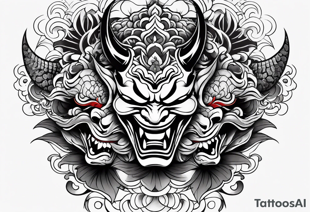 Half sleeve irezumi hebi and two hannya masks one laughing one crying tattoo idea