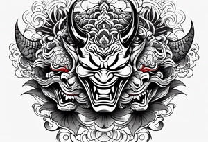 Half sleeve irezumi hebi and two hannya masks one laughing one crying tattoo idea