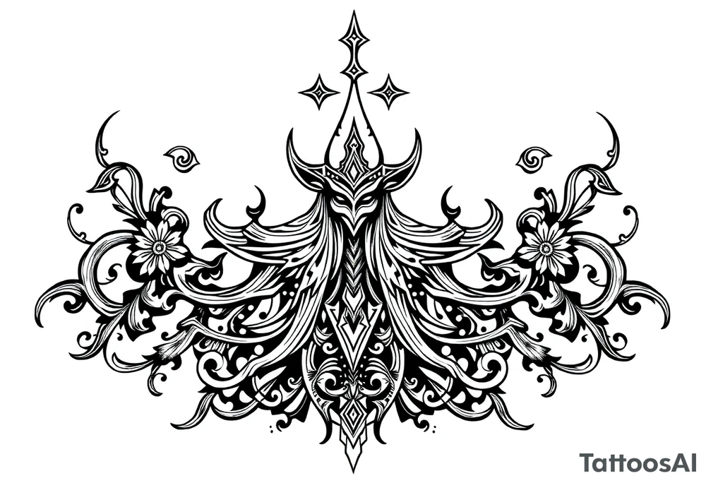 mystical dark and long ornament with shaman and witch mytolog and ancient rhyme tattoo idea