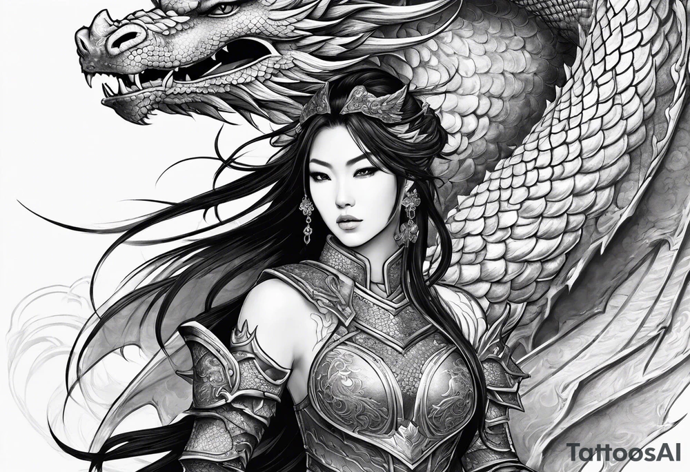 beautiful warrior woman wearing dragon armor and a dragon flying tattoo idea