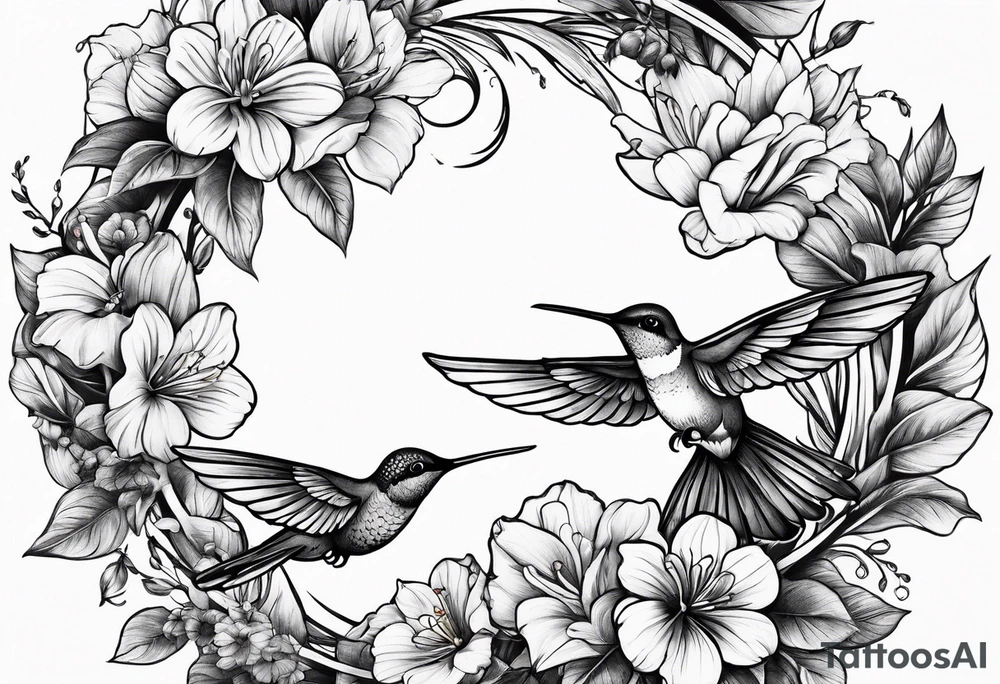 floral wreath with humming birds in the middle tattoo idea