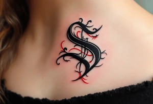 A bold black gothic-style "S" with dark red shadowing and sharp ornamental curves. tattoo idea