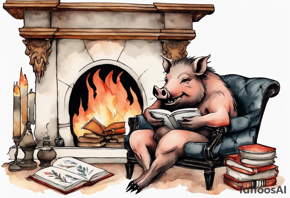 an boar with tusks sitting by a fireplace reading a book tattoo idea