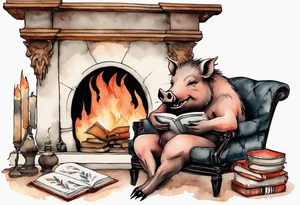 an boar with tusks sitting by a fireplace reading a book tattoo idea