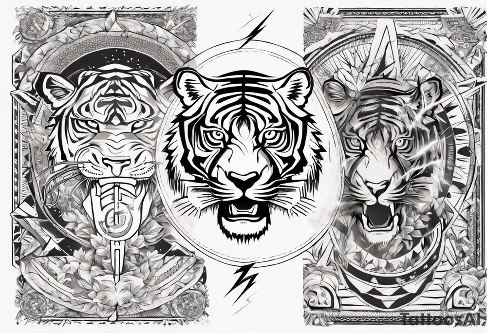 Ancient tiger with lightning and a sun for a forearm sleeve. With patterns surrounding it tattoo idea Ancient tiger with lightning and a sun for a forearm sleeve. With patterns surrounding it tattoo idea